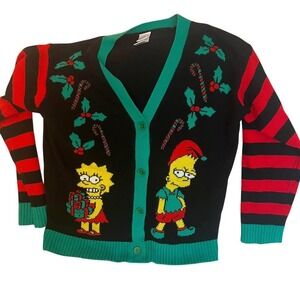 The Simpsons Vintage Ugly Christmas Sweater Cardigan Bart Lisa Elf Medium M